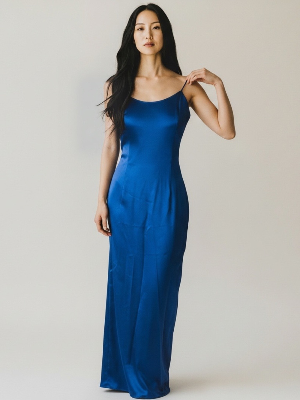 Vintage 90s Jessica McClintock Gunne Sax Blue Satin Maxi Dress 3/4 USA